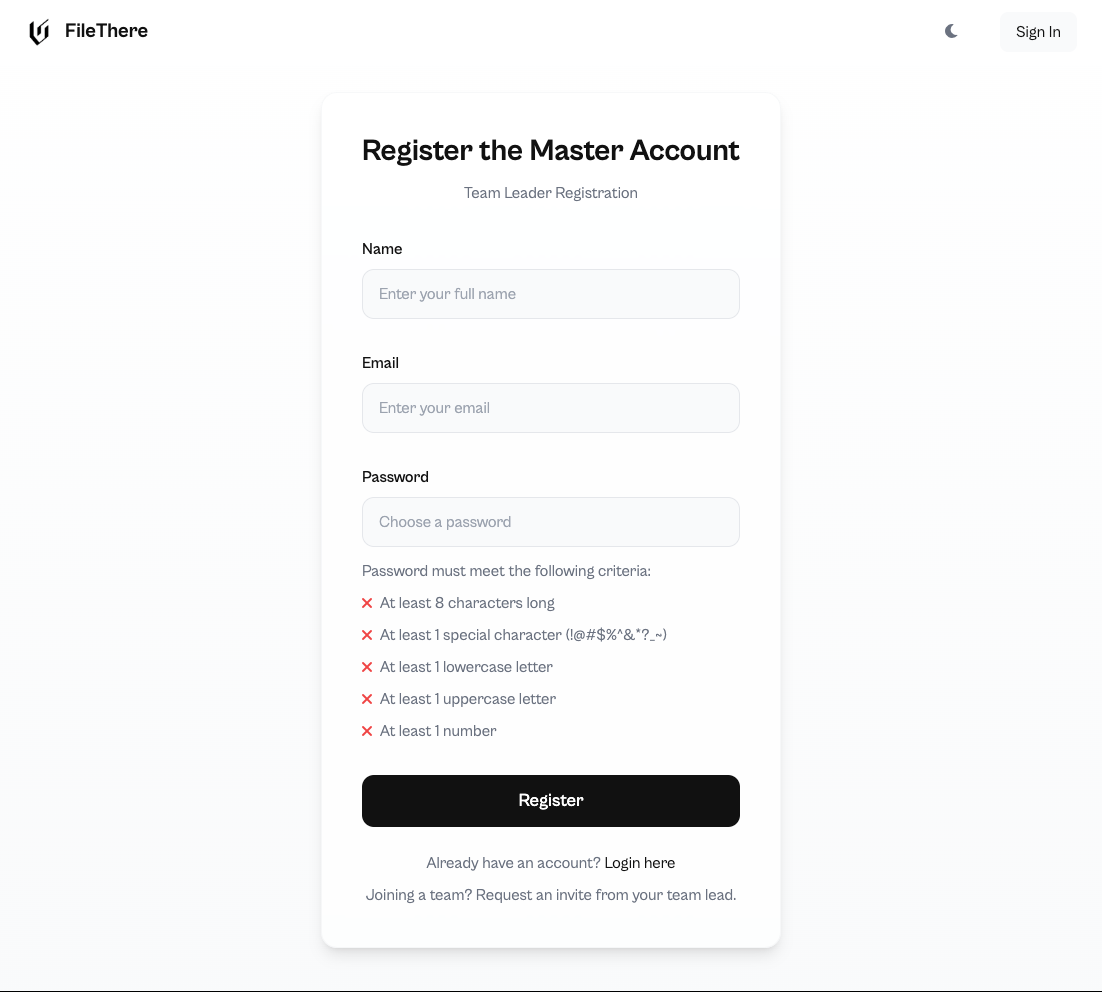 FileThere Signup Interface